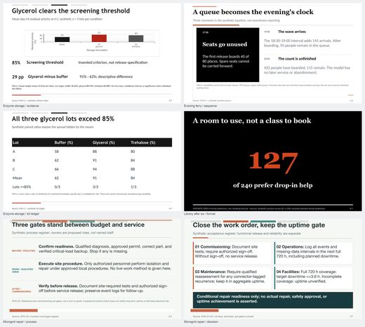 図表、表、数値を整理した6枚のPowerPoint資料の作例
